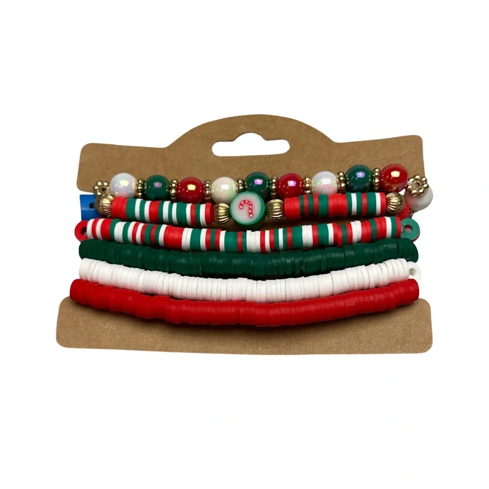 NEW Festive Christmas Stretchy Bracelet Set Red Green White Beaded Holiday Charm